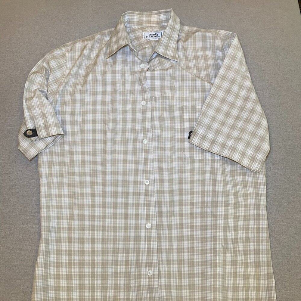 Authentic Hermès Paris Men’s Short Sleeve Button Down Shirt Tan Checkered Size M